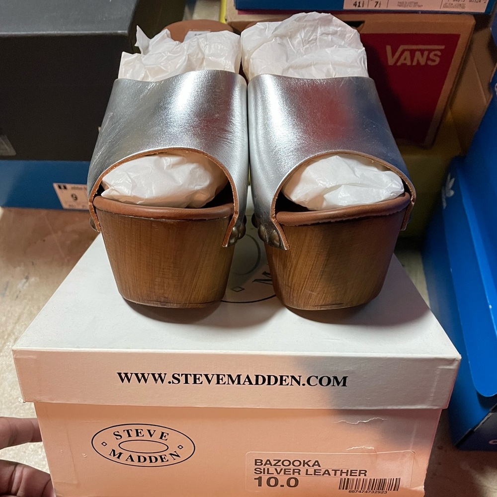 Steve Madden Wood Wedge Silver Slides